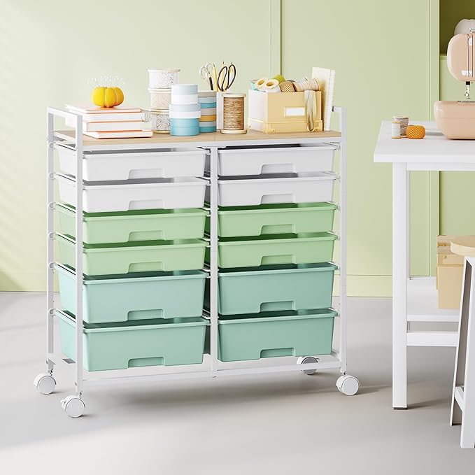 Rolling Storage Cart with 12 Drawers, Wooden Tabletop Utility Cart - Image 8