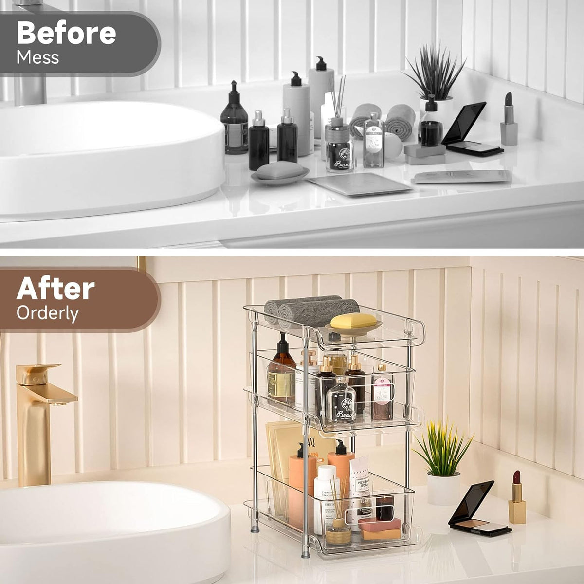 2Set 3 Tier Clear Bathroom Organizer with Dividers, Pull-Out Pantry Organizat...