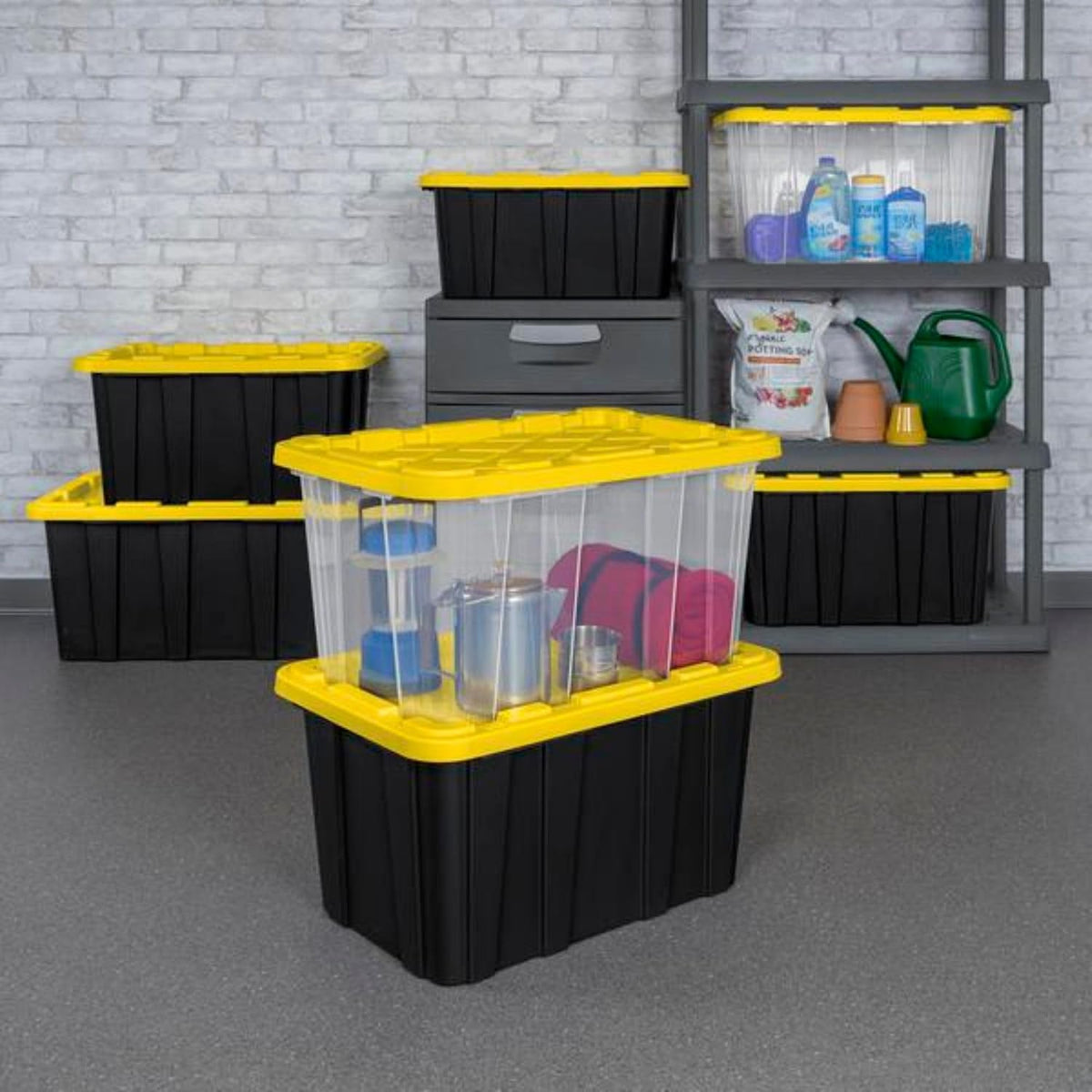 sterilite industrial storage tote with lids for garage, front angle view