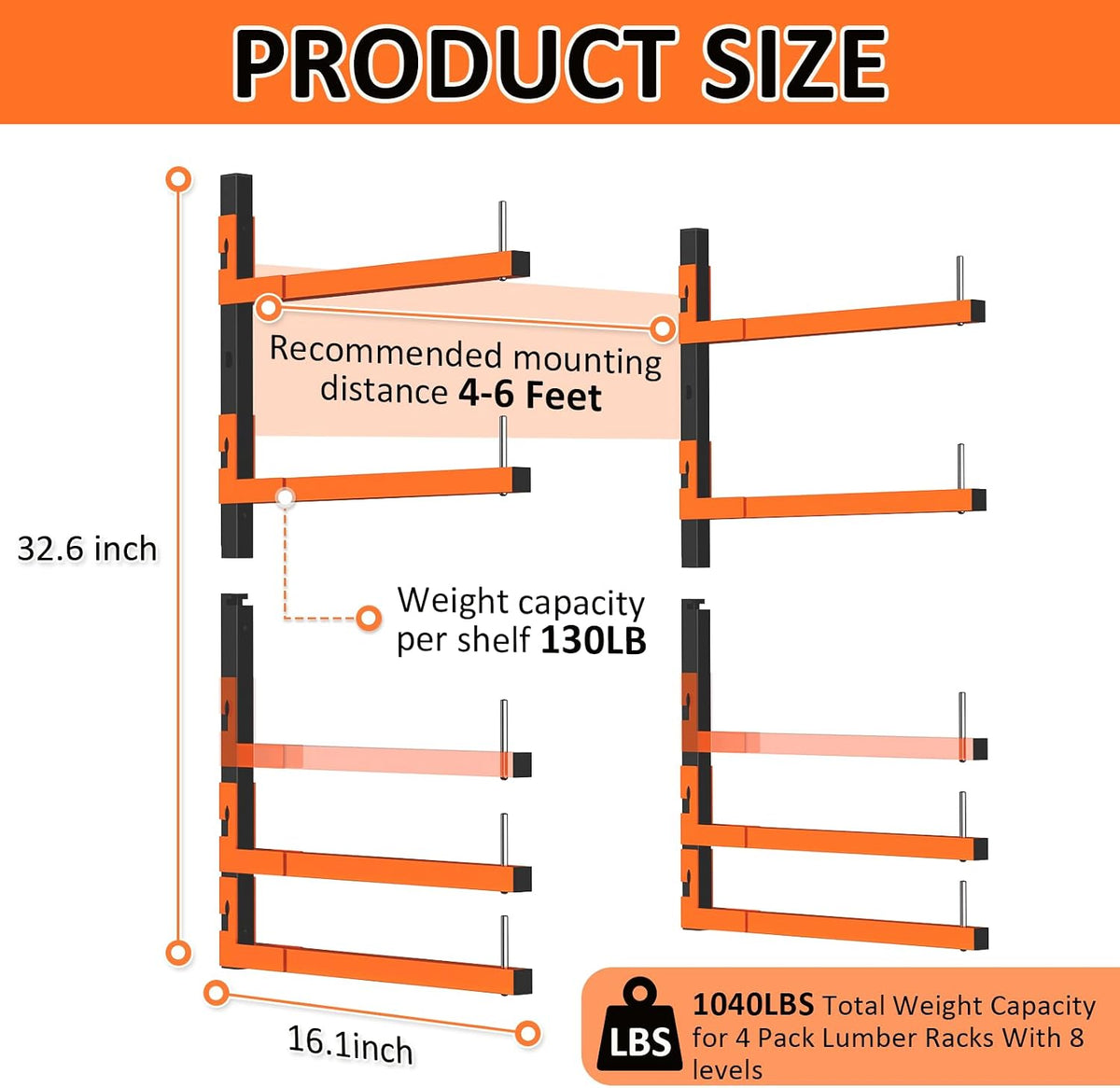 lumber storage rack, wall mount removable & adjustable shown in use