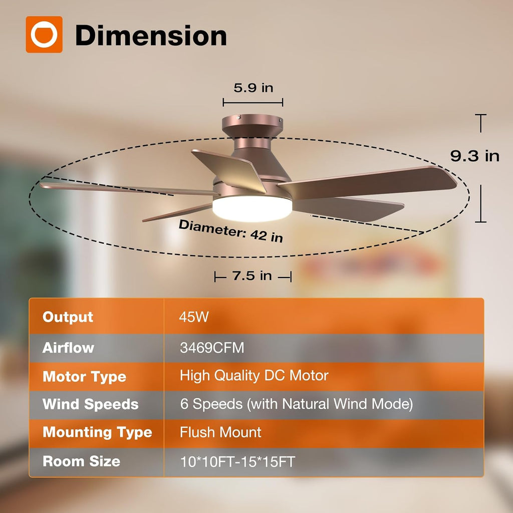 addlon 42 inch brown low profile ceiling fans, front angle view