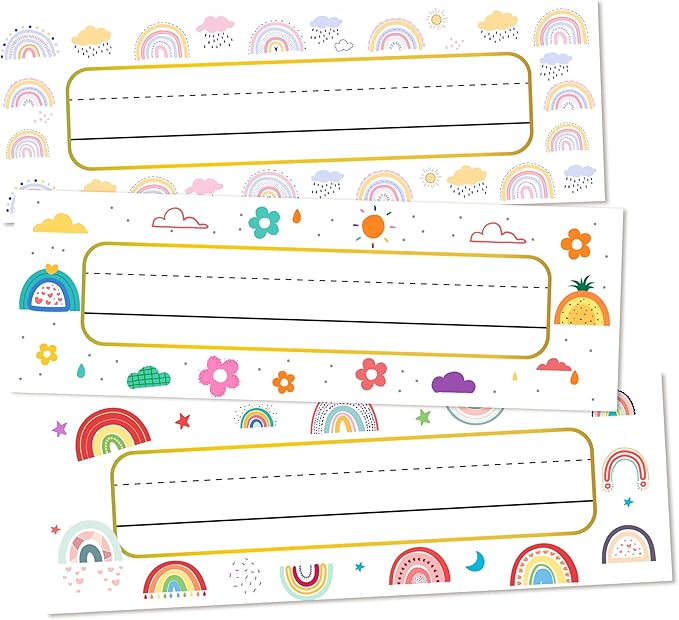 30 Name Tags for Classroom Cubbies, 3x9 in Boho Rainbow Name Plates for Desks by OXRUN