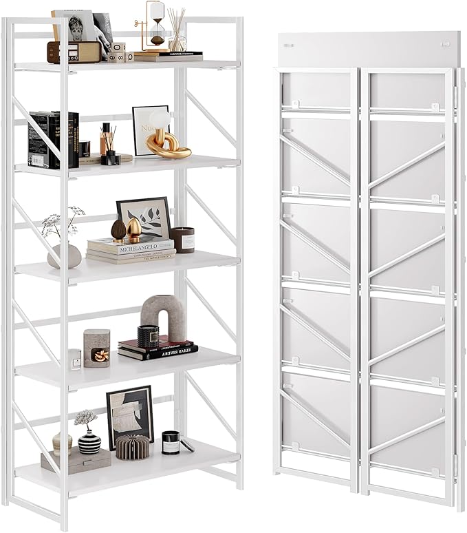 JSB No Assembly Folding Bookshelf, 5 Tier Industrial Metal Book Shelf by HomeFurniture