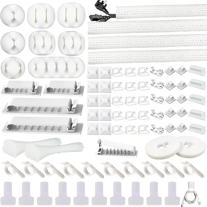 DRIVUU White Cable Management Organizer Kit 4 Cable Sleeve Split, 47Cable Clips by DRIVUU