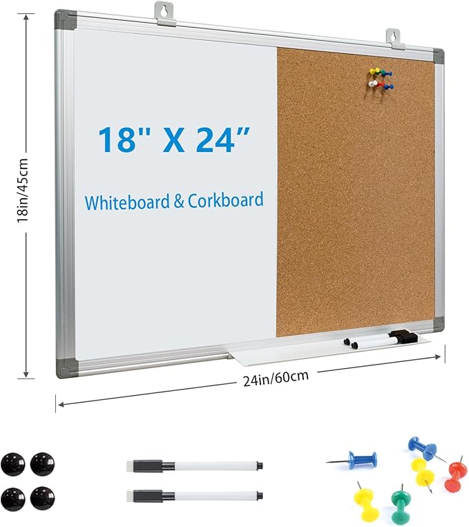Combination Writeboard 24"x 18" Magnetic Whiteboard & Cork Board Aluminium - Image 2