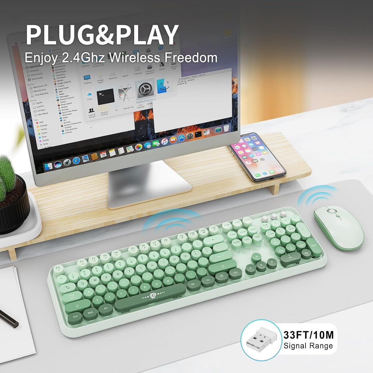 Sage Green Wireless Keyboard and Mouse Combo,Cute Round Keys,for PC Laptop