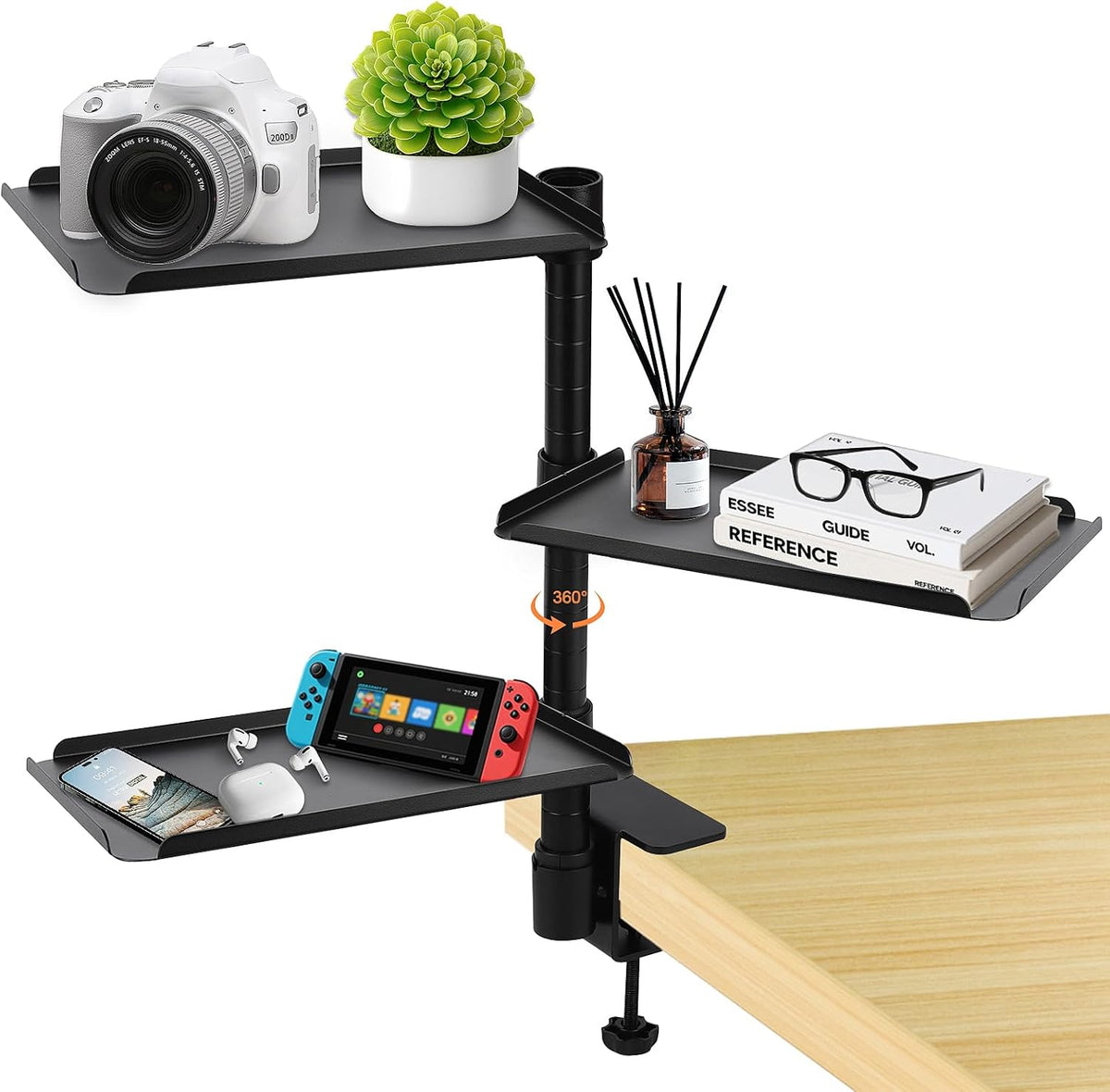 3 Tier Clamp On Desk Shelf,360° Rotatable Adjustable Above or Under Desktop O...