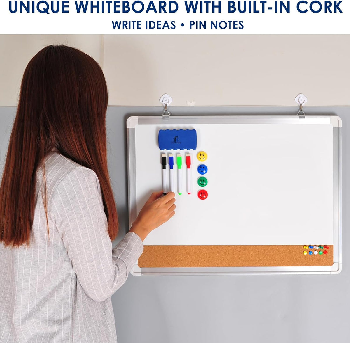 White Board with Cork Board 24x18 in, Combo Dry Erase Board for Wall