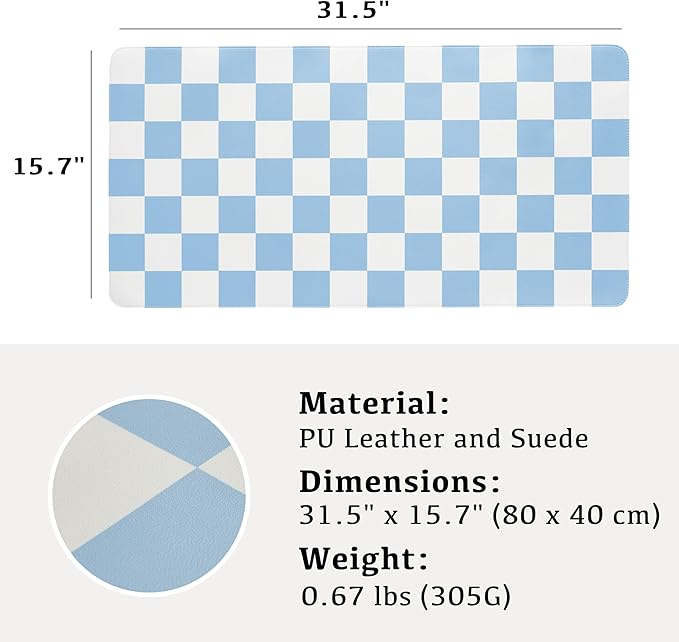 Ohocut Checkered Desk Mat, 31.5" x 15.7" Large Cute Sky Blue Aesthetic Retro - Image 7
