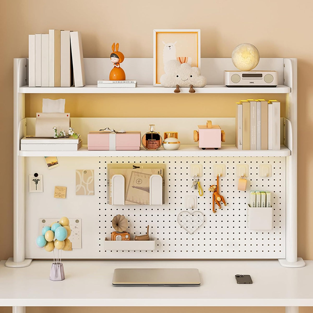 31.4in Clamp on Desk Shelf with Pegboard, White Desktop Bookshelf Organizer