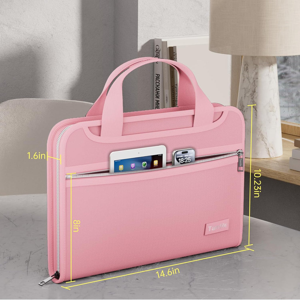 Tamfile Fireproof Accordion File Organizer, Expanding File Folder, Pink | 13 Pocket Colorful, Handle, Zipper & Labels, Multi-Pockets Paper Organizer, for Letter A4 Files, Home, Office, School