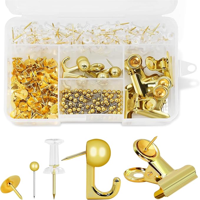 Gold Push Pins Set, 5 Styles Office Pushpins Set in Storage Box by Unknown