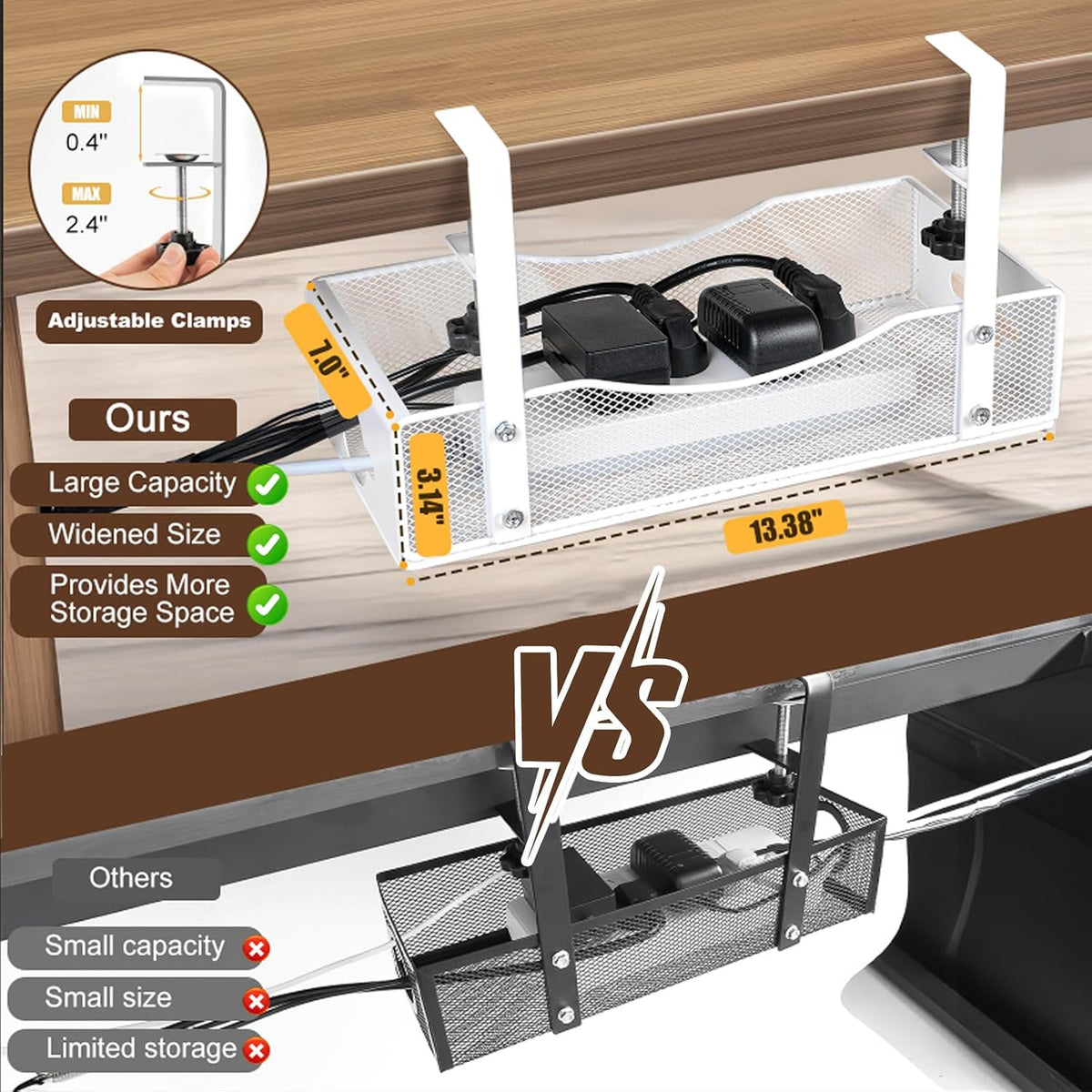 Extra Wide Under Desk Cable Management - 7inch No Drill Installation Cable Ma...