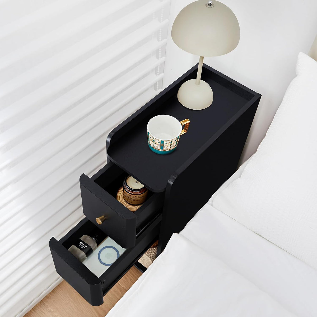 FurSch Narrow Nightstand, Wooden 2 Drawer, Slim Side End Table, Black, 1 pc