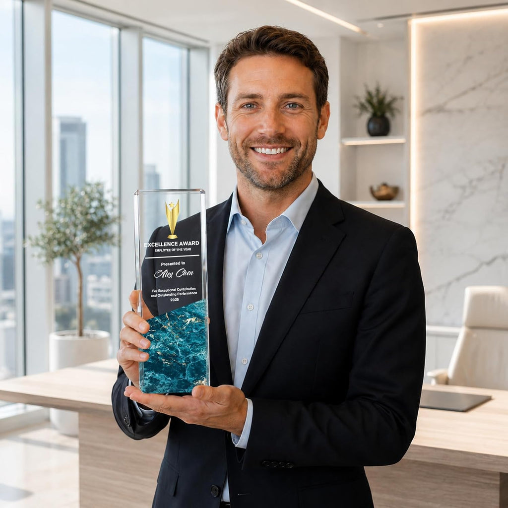 Custom Trophy with Logo/Text, Crystal-Clear Award Trophy – Modern Recognition Personalized Plaque for Office Excellence, Team Achievement & Competition Winners – Freestanding Corporate Bulk Appreciation Award