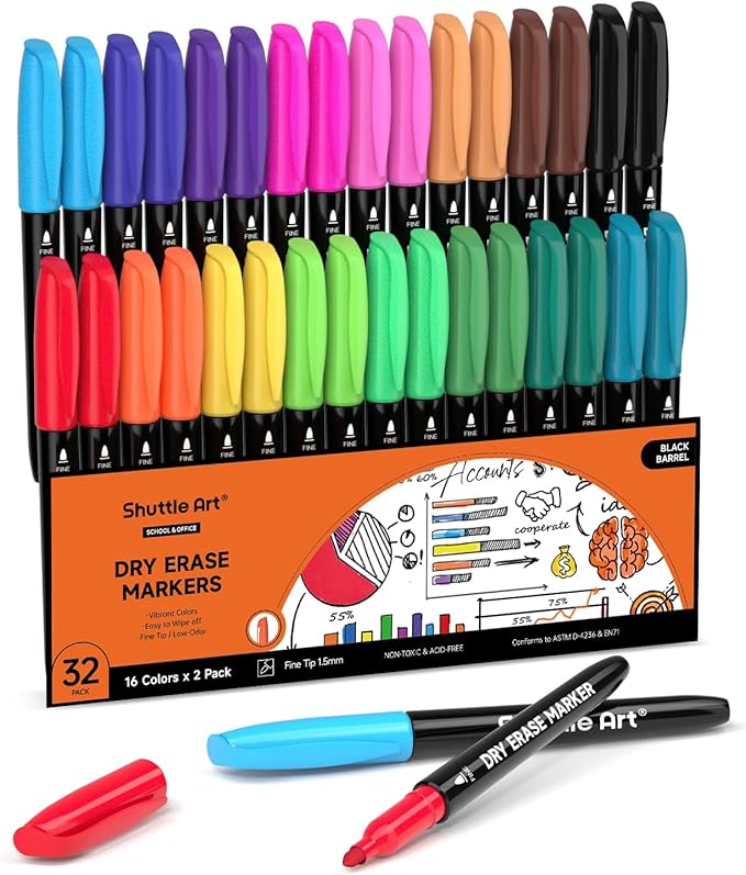 Shuttle Art Dry Erase Markers, 32 Pack 16 Colors Whiteboard Markers, Fine Tip by ShuttleArt