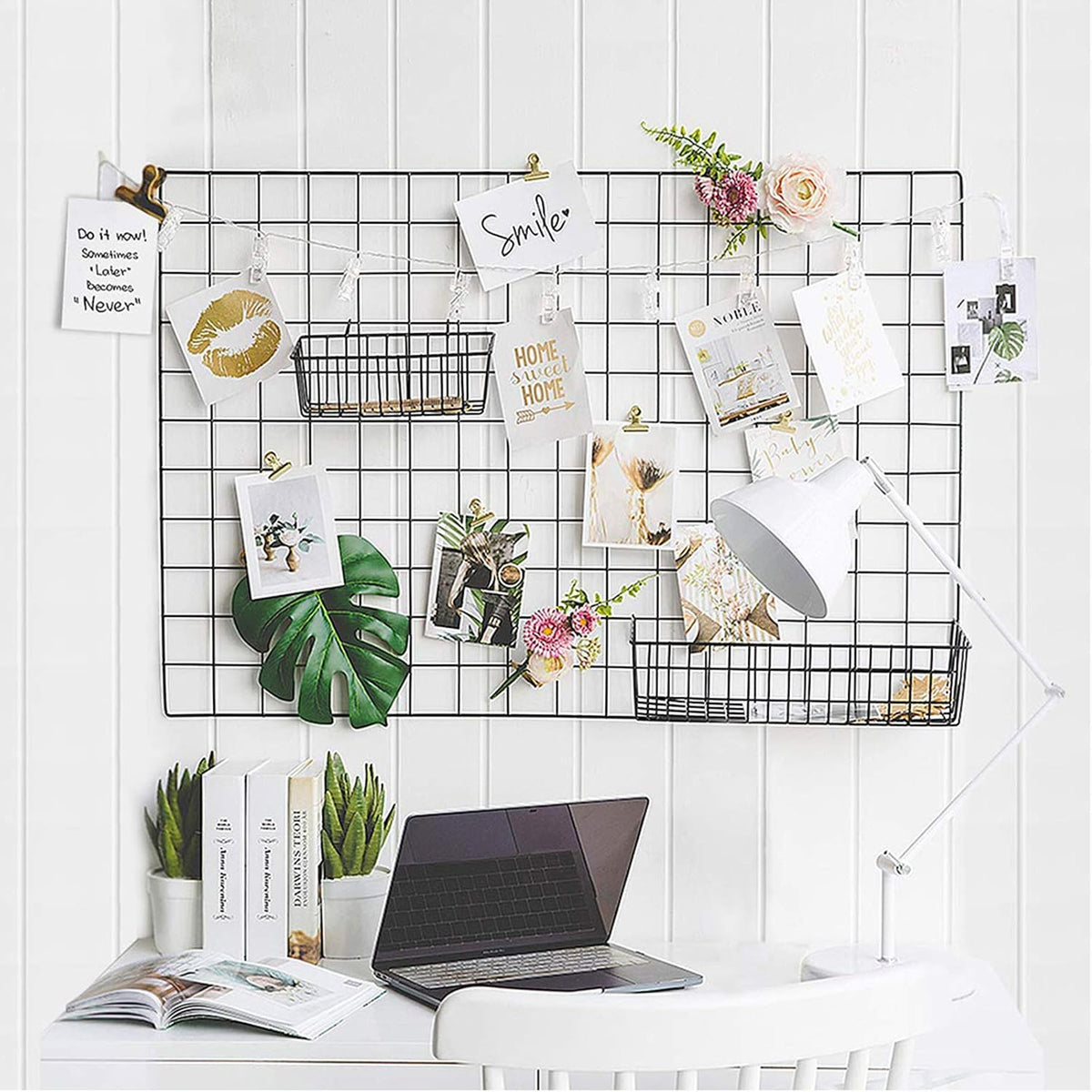 2 Pack Large Wall Grid Panels with Light and Clips, Photo Display Board, Pict...