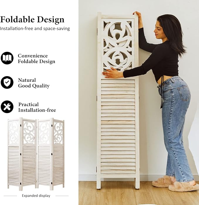 Room Divider Wood Carved Wall Divider Indoor Folding Portable Partition Screen - Image 2