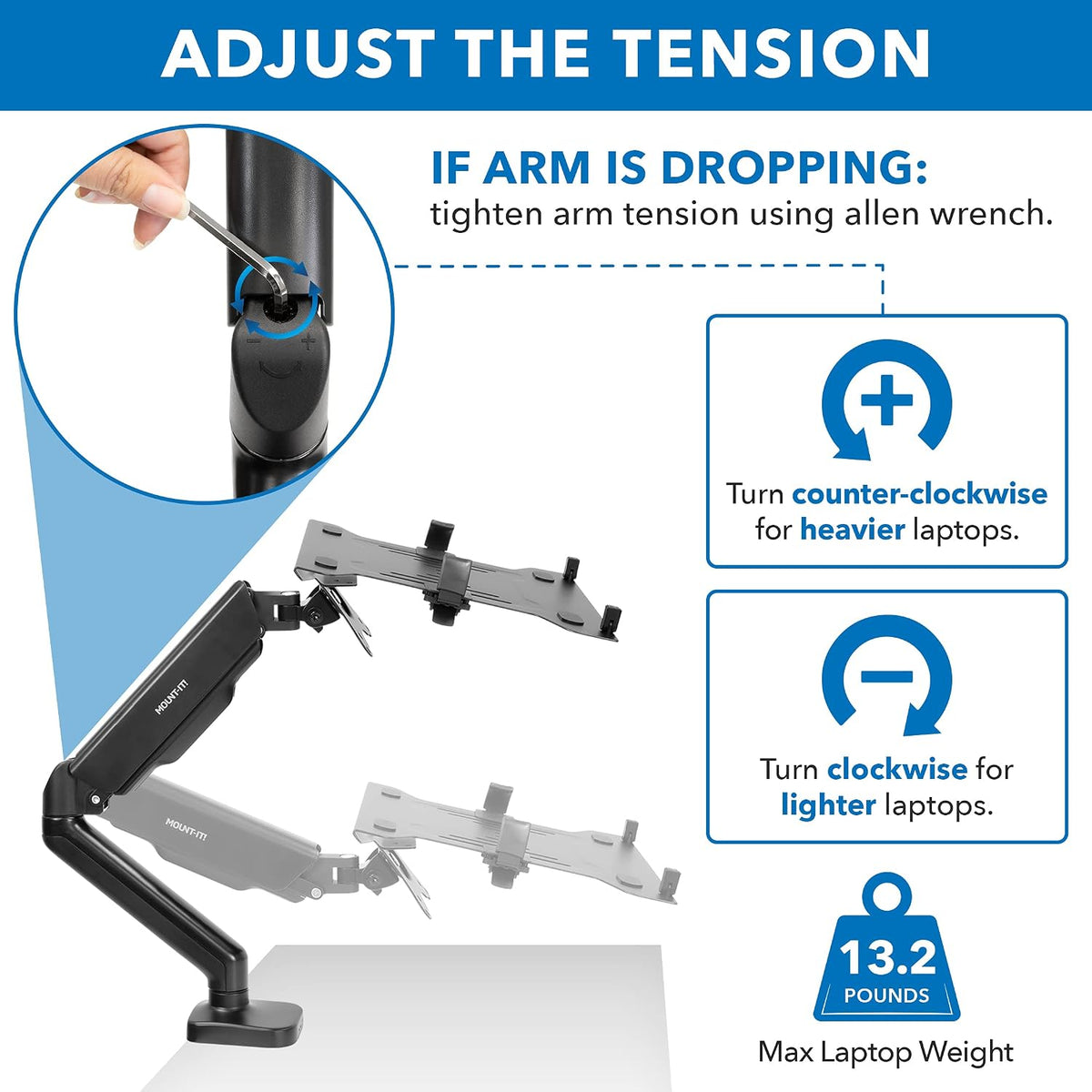 Mount-It! Laptop Arm Mount for Desk, Gas Spring, Clamp or Grommet, 17 Inch