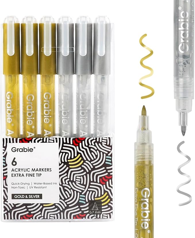 Grabie Gold&Silver Extra Fine Tip Acrylic Paint Marker Set, 6 Pack Gold Paint by Grabie