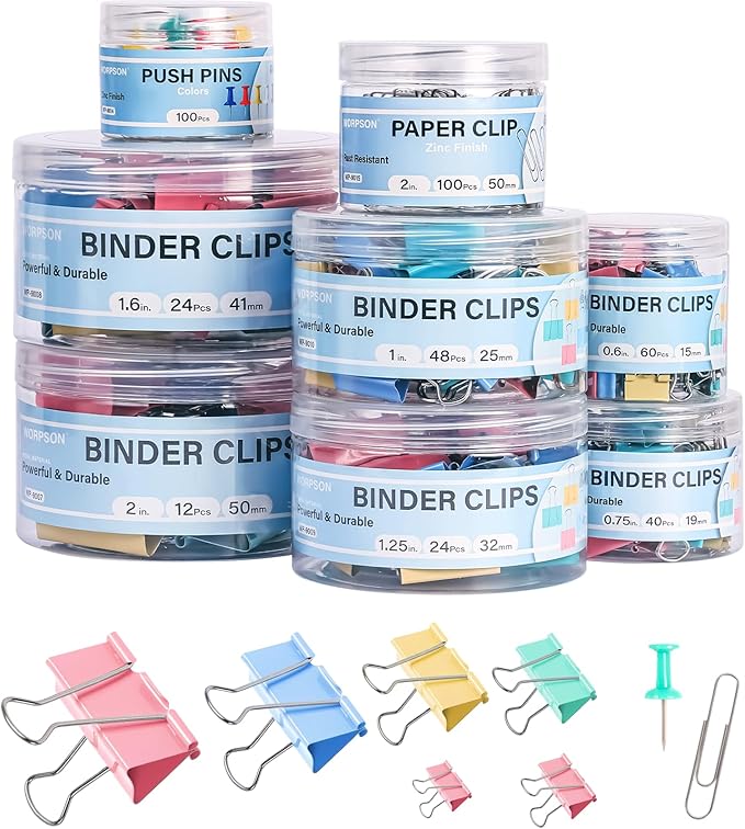 WORPSON 408 PCS Binder Clips Paper Clamps Assorted Sizes and Push Pins by WORPSON