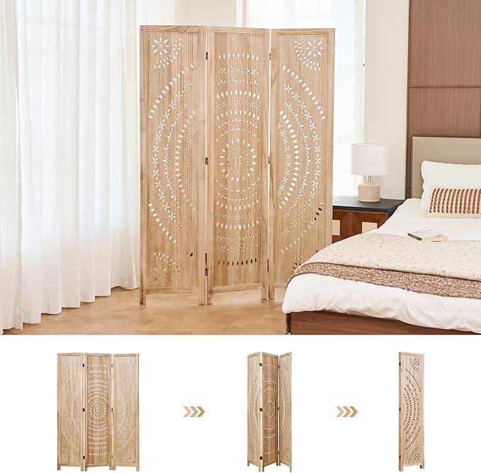 66.9Inch Folding Room Divider, 3 Panels Wood Carved Privacy Screens, Free - Image 6