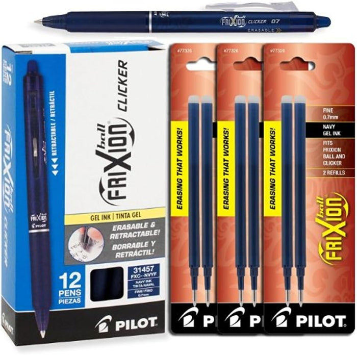 Pilot FriXion Clicker Retractable Gel Ink Pens, Eraseable, Fine Point 0.7mm, Navy Blue Ink, Pack of 12 with Bonus Packs of Refills