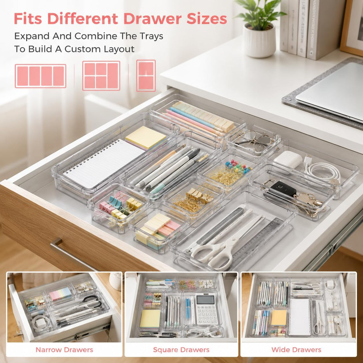 15 Pcs Expandable Drawer Organizer,Adjustable Drawer Organizer,2-Size,Clear