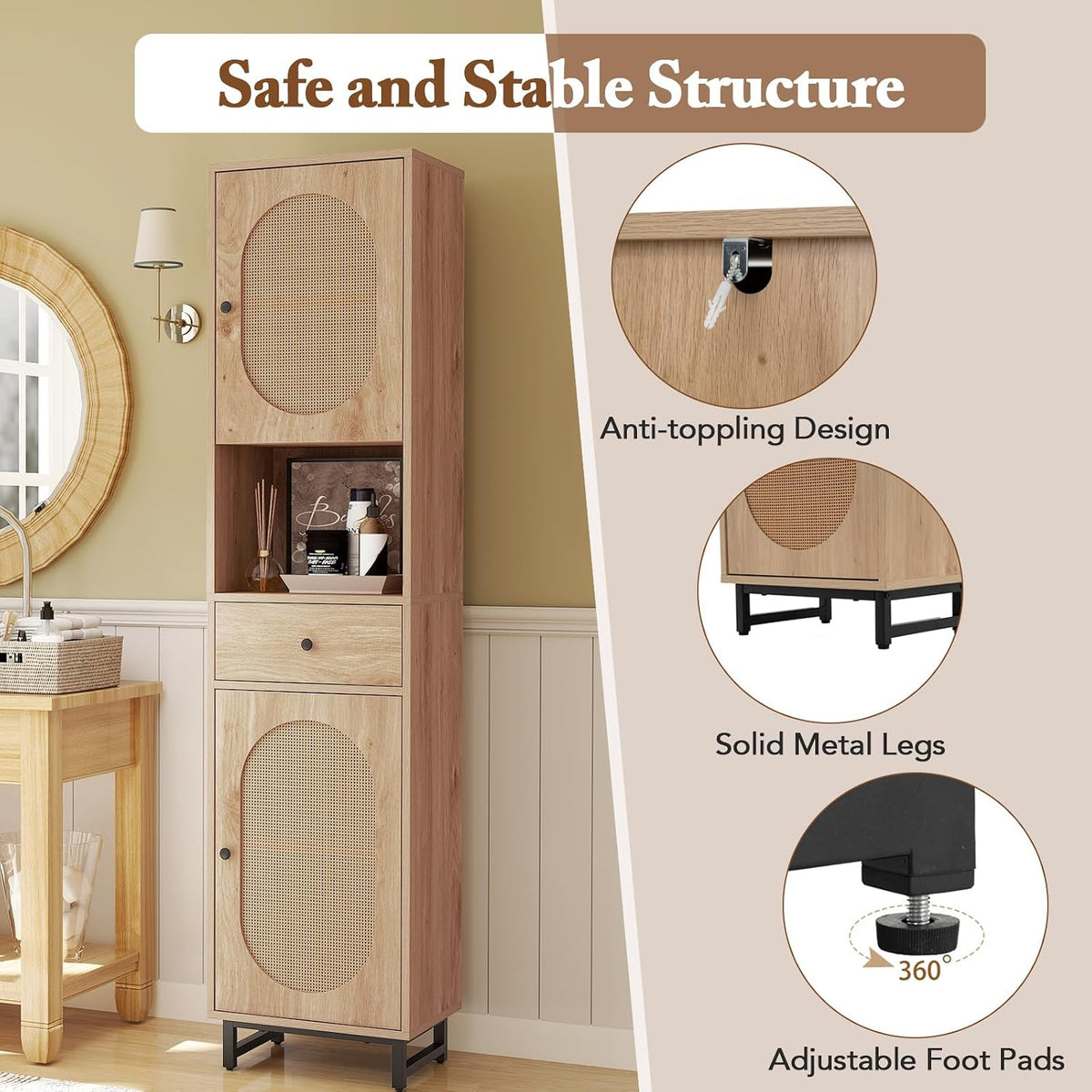 GIANTEX 67" Tall Bathroom Cabinet, PE Rattan Storage Cabinet with 2 Door...