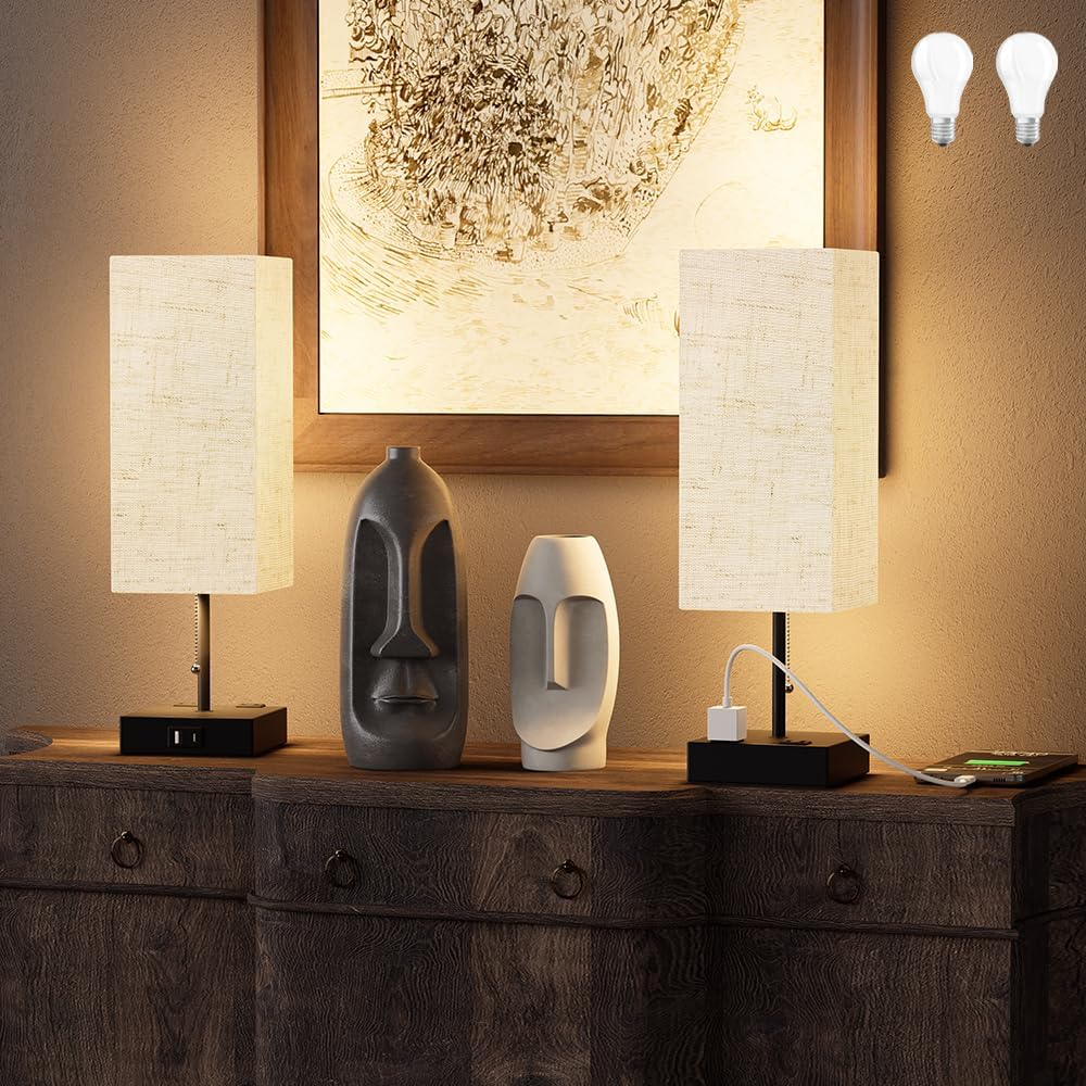 YIDPU Table Lamp for Bedroom with USB,Bedside Lamp with USB C+A Charging Port...