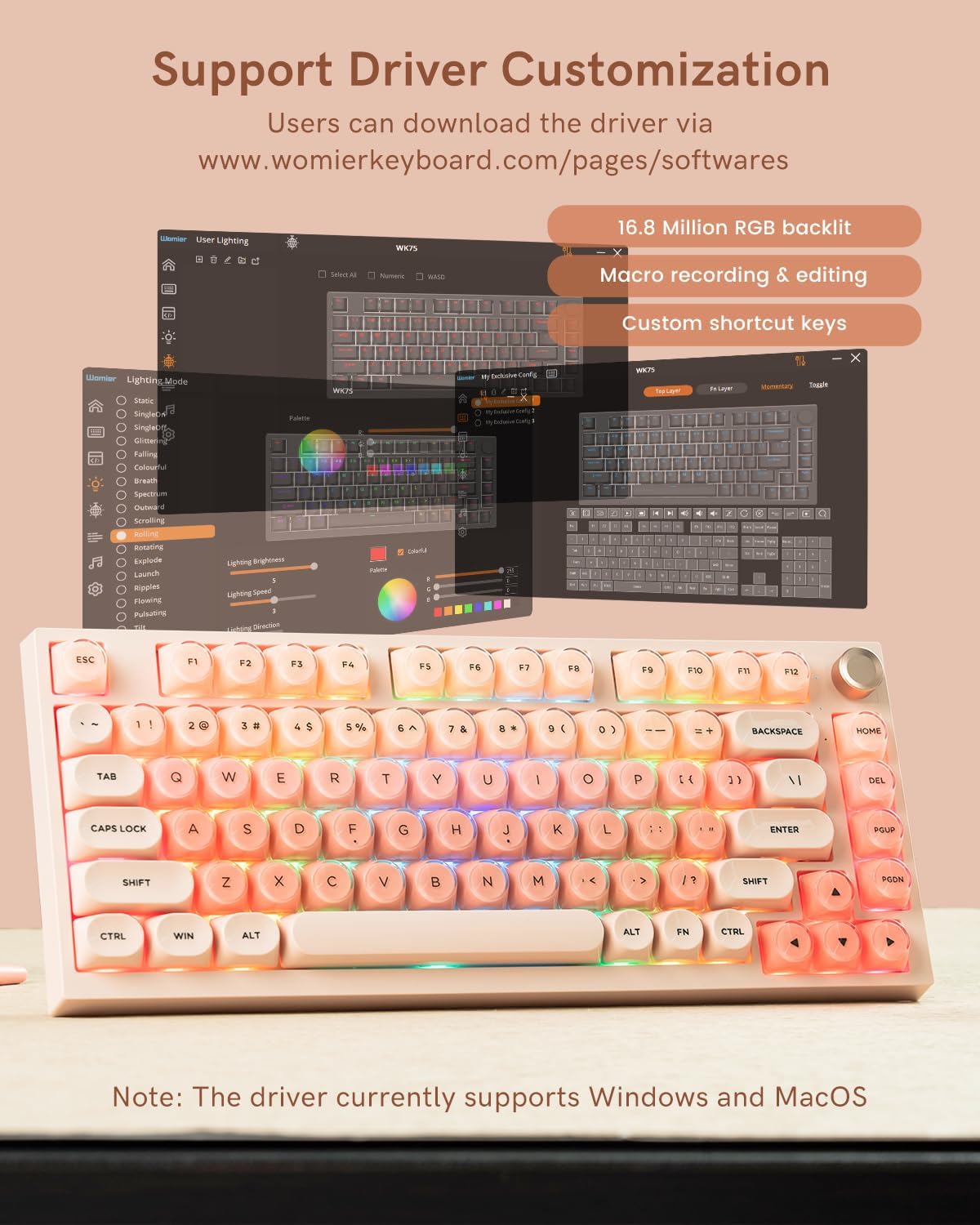 WK75 Wireless Mechanical Keyboard, Pink Creamy Keyboard with Knob