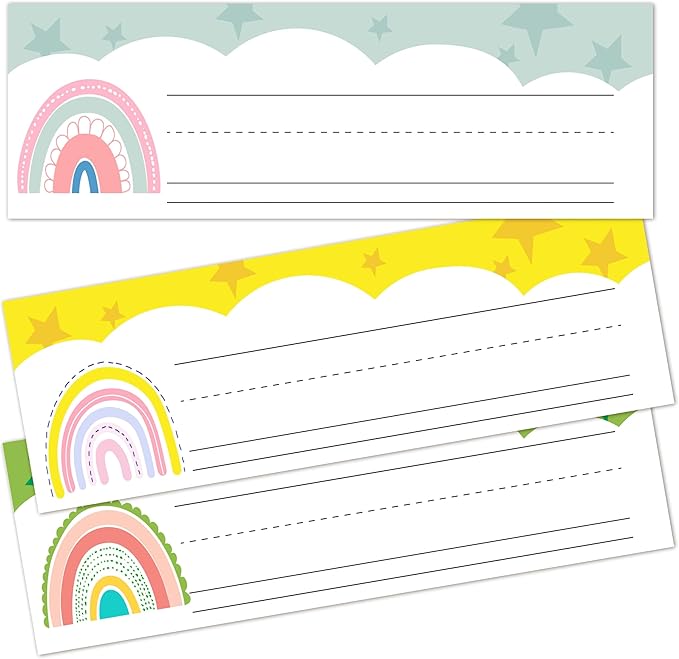 Name Tags for Classroom Cubbies, 30 Boho Rainbow Name Plates for Desks by Cazhes