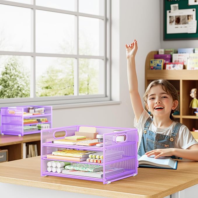 Subekyu 2-Pack 3-Tier Purple Metal Mesh Desk Paper Letter Tray & File Sorter - Image 4