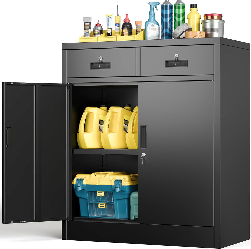 BESFUR Metal Storage Cabinet with Doors and Shelves, 36" H Locking Storage Cabinet with 2 Drawers, Reinforced Heavy Duty Metal Cabinets for Garage, Office, Home(Black)