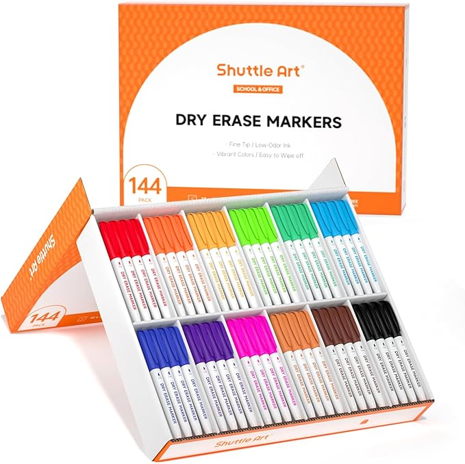 Shuttle Art Dry Erase Markers, 12 Colors 144 Bulk Pack Whiteboard Markers by ShuttleArt