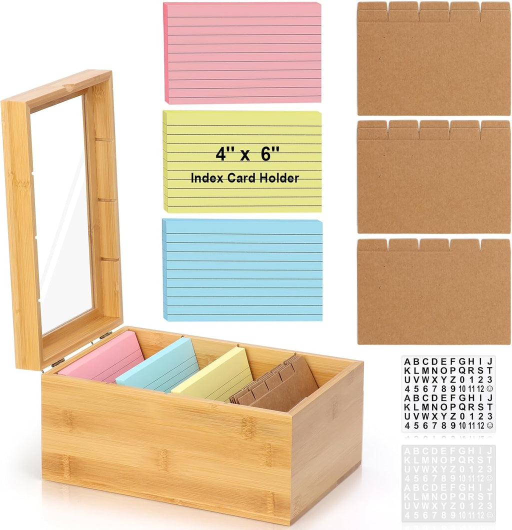 4x6 Index Card Holder with Dividers Bamboo Index Card Organizer Box 4