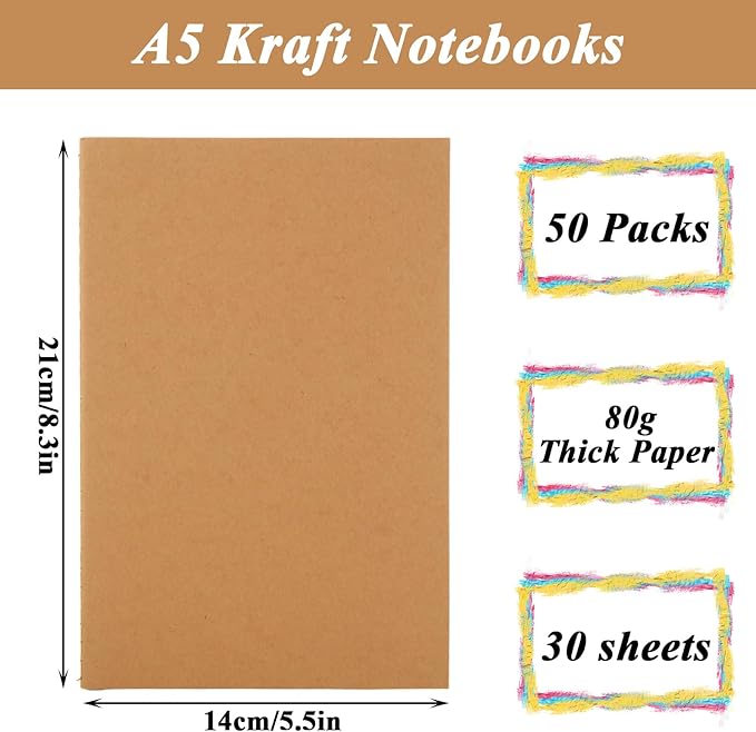 MIVIDE 50 Pack A5 Kraft Notebooks Bulk, 8.3” x 5.5” Lined Paper Journal - Image 2