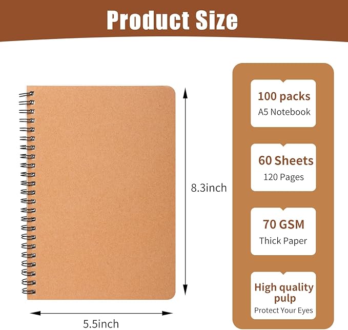 miikoul 100 Packs A5 Spiral Lined Notebooks, Kraft Paper Cover, 60 Sheets/120 - Image 2
