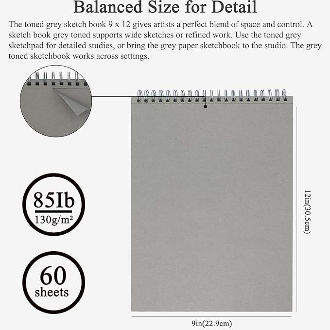 Fuxi Toned Grey Sketch Pad, 9x12 Spiral Sketchbook, 60 Sheets Art Paper - Image 2