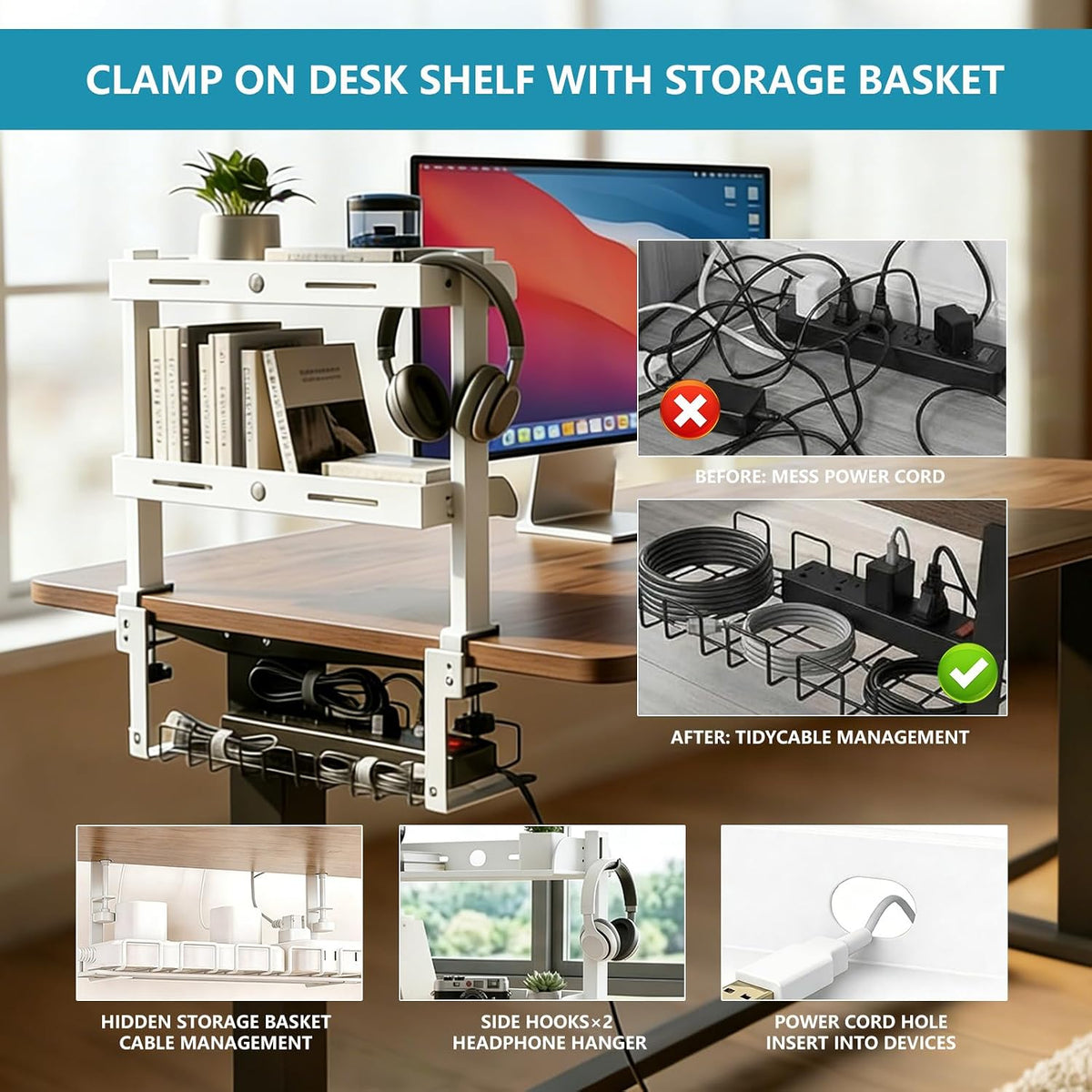 3 Tier Clamp on Desk Shelf,Desktop Organizer with Under Desk Hidden Basket