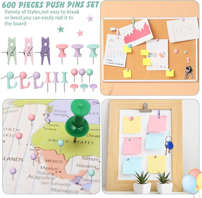600 Pcs Decorative Push Pins, Pastel Color Thumb Tacks 6 Types Cute Push Pin - Image 5