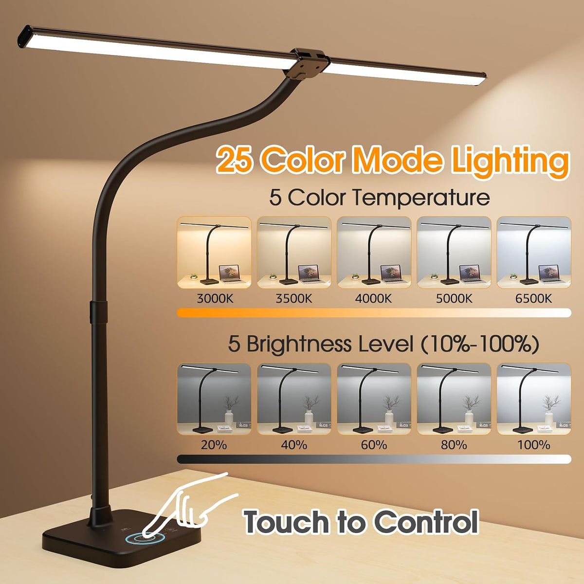 ShineTech LED Desk Lamp, 24W Double Head Desk Light with Wireless Charging