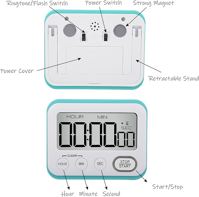 Digital Kitchen Timer Magnetic Loud Alarm, Large LCD Screen Silent/Beeping - Image 4