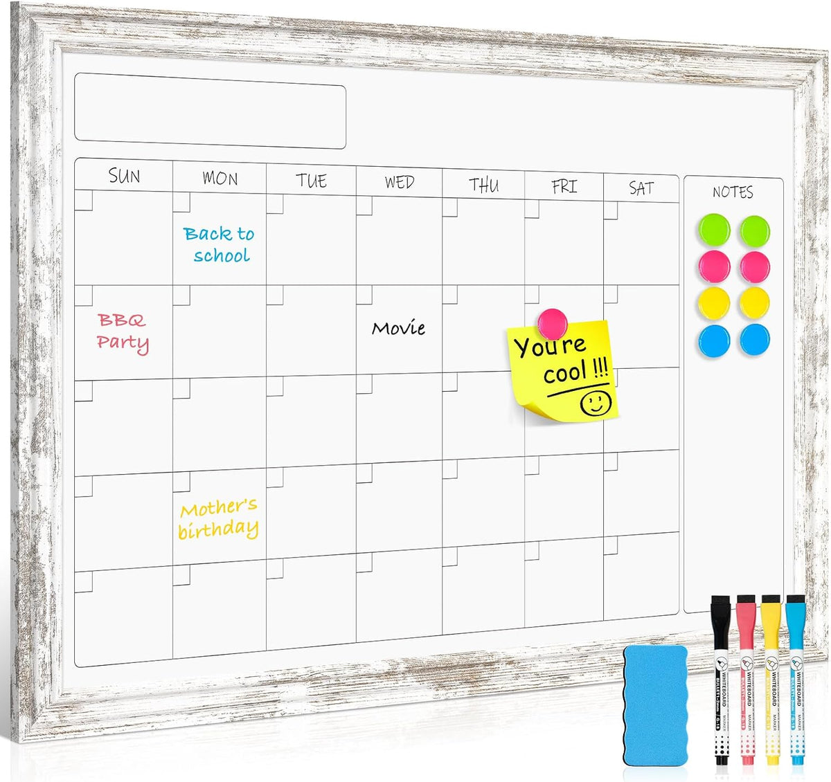 Monthly Dry Erase Calendar Whiteboard for Wall, 36"x24", Rustic Woo...
