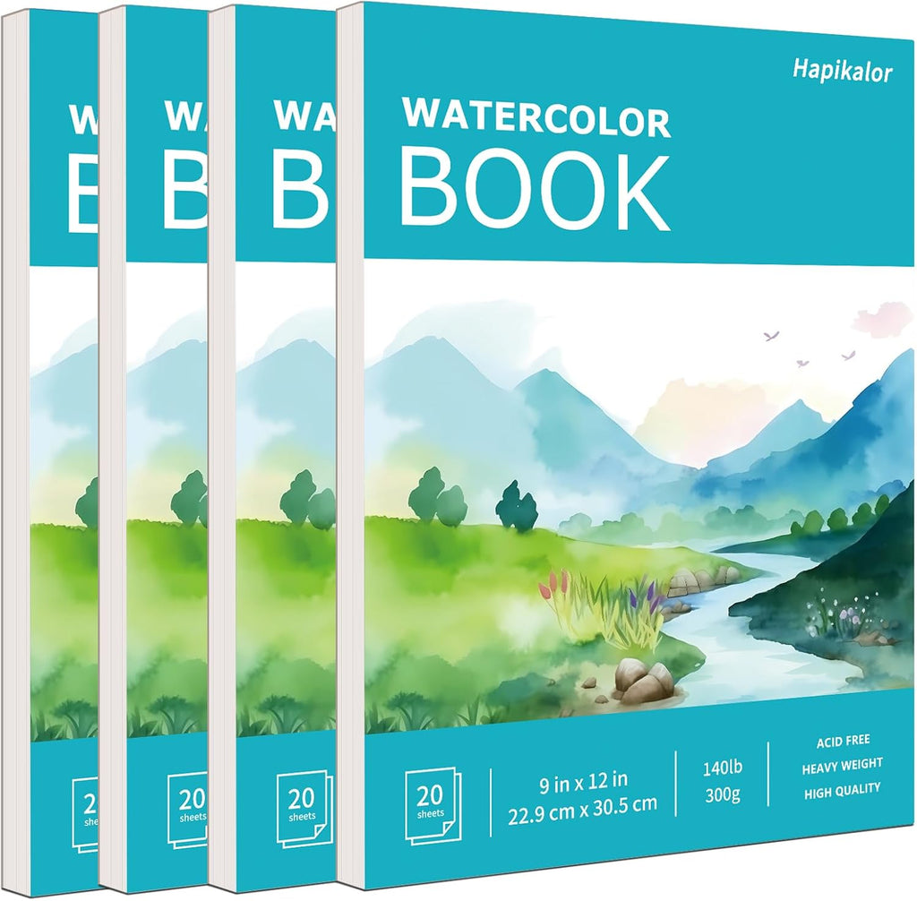 Hapikalor 4-Pack 9"x12"Watercolor Paper Pad, Bulk School Supplies