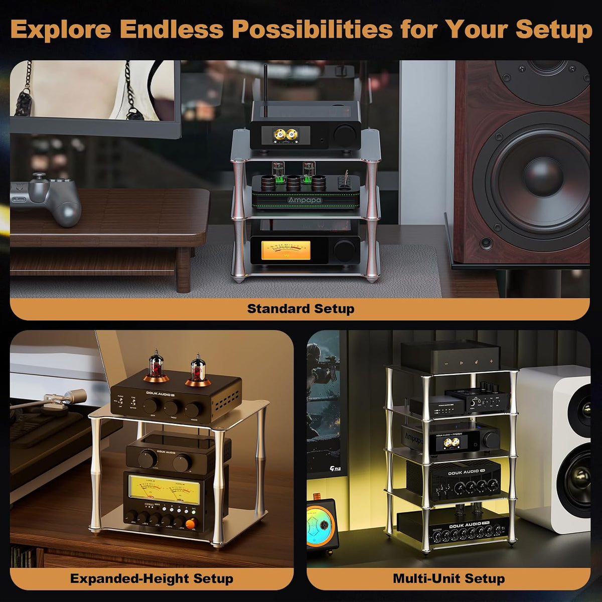 BK1 Desktop HiFi Stand: Aluminum Audio Rack A1 D1 Q1 Amplifier DAC Preamp wit...