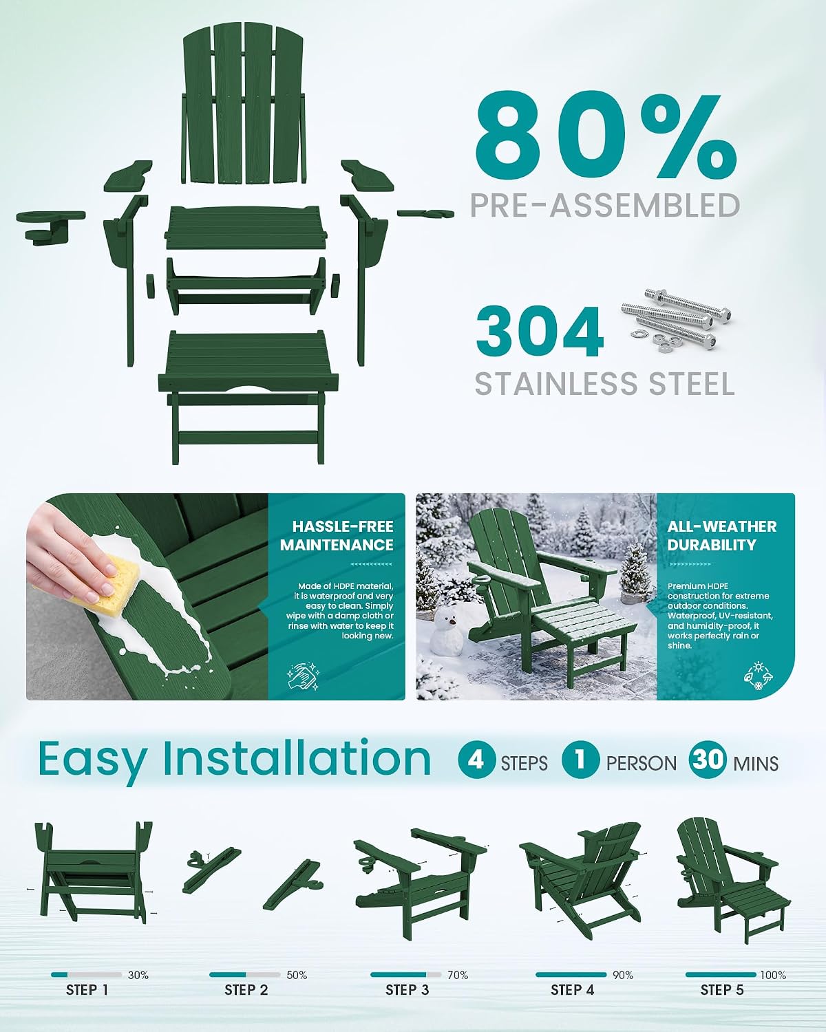 SERWALL HDPE Folding Adjustable Adirondack Chair with Footrest, Green