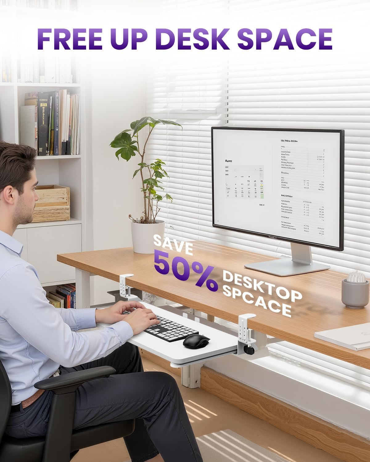 Ergonomic Keyboard Tray Under Desk, 25.6x11.8 Inch Board, White