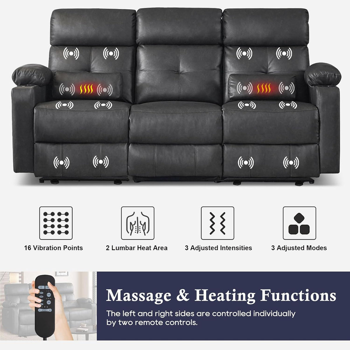 Power Reclining Sofa with Heat and Massage, Electtric Reclining Couch with Ex...