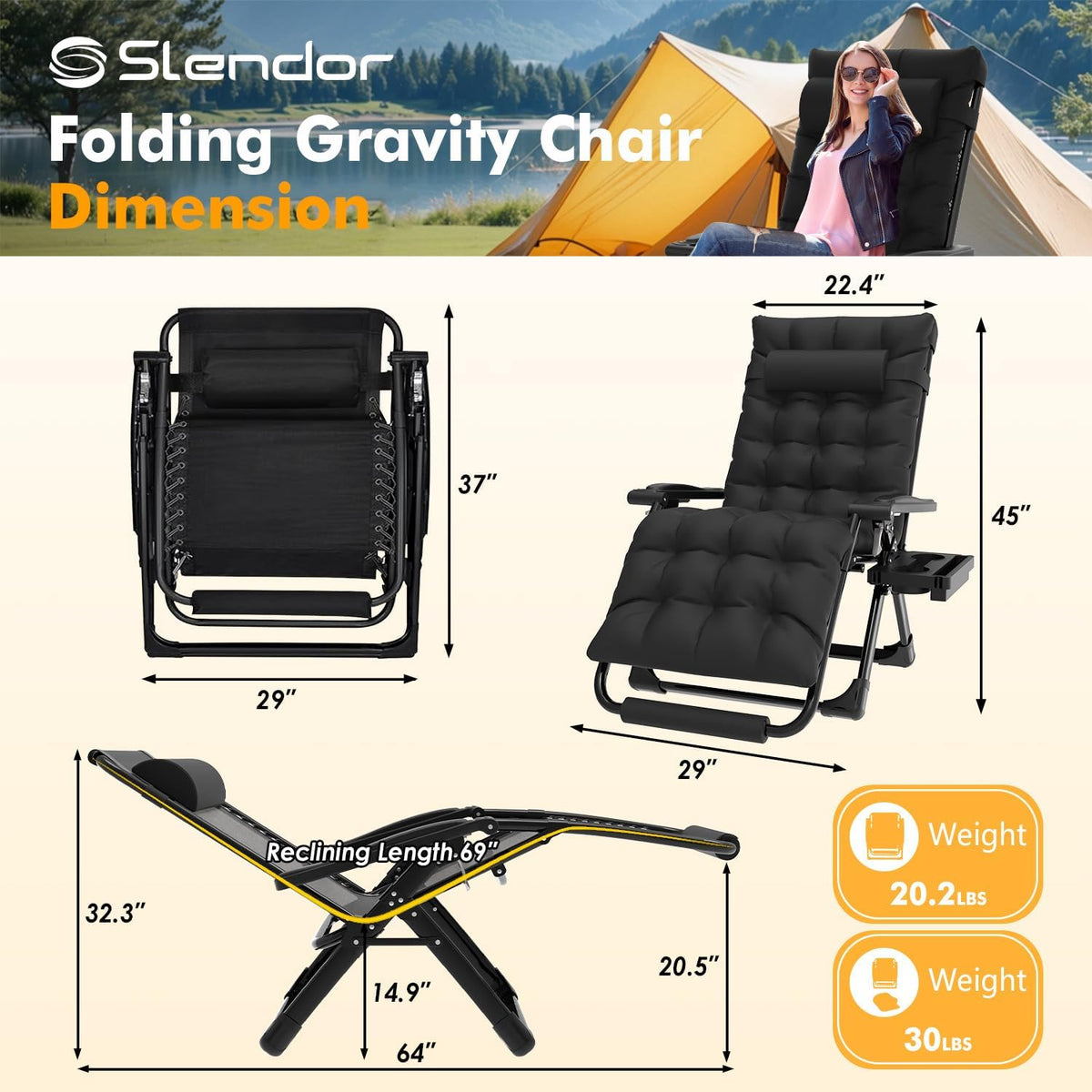 Slendor Oversized Zero Gravity Chairs XL, 29in Padded Recliner Chair, Black